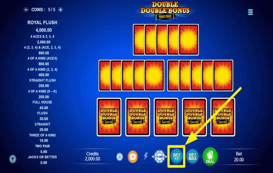 Double Double Bonus Power Poker ERHÖHEN SIE IHREN EINSATZ SCHRITTWEISE.