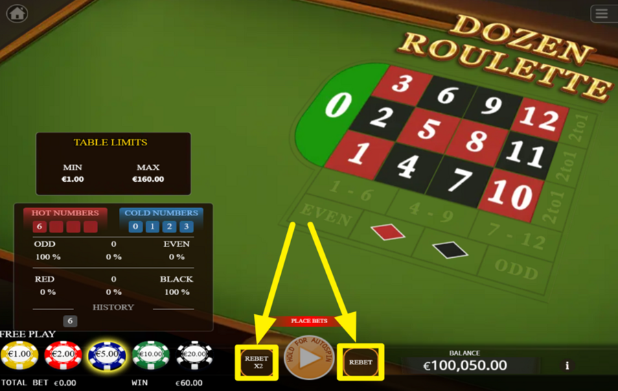Dozen Roulette REPROGRAMMEZ OU DOUBLEZ VOTRE MISE PRÉCÉDENTE.