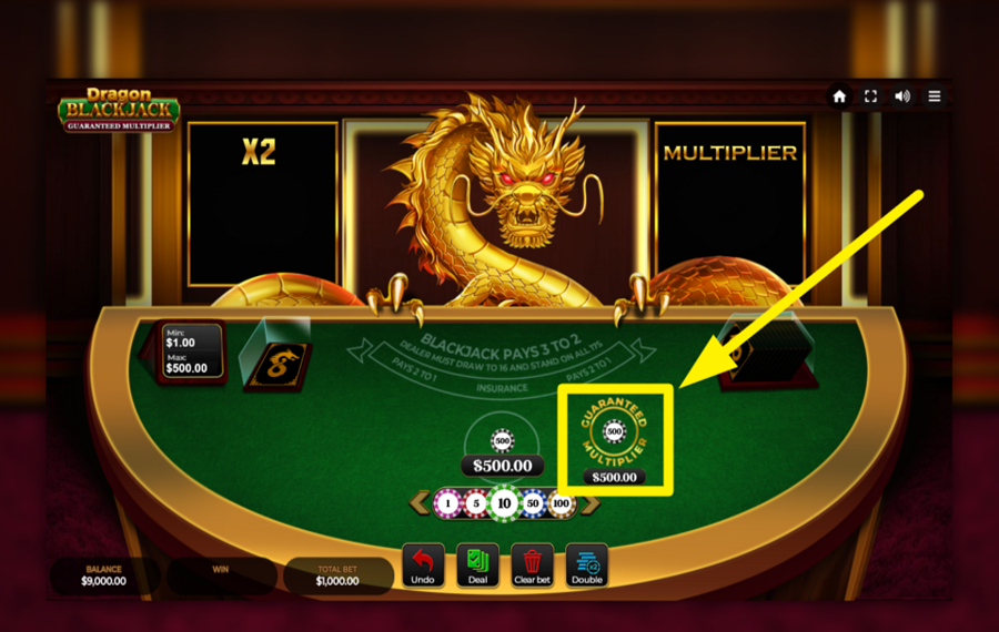 Dragon Blackjack Guaranteed Multiplier CIBLEZ LA VALEUR DE MISE MAXIMALE.