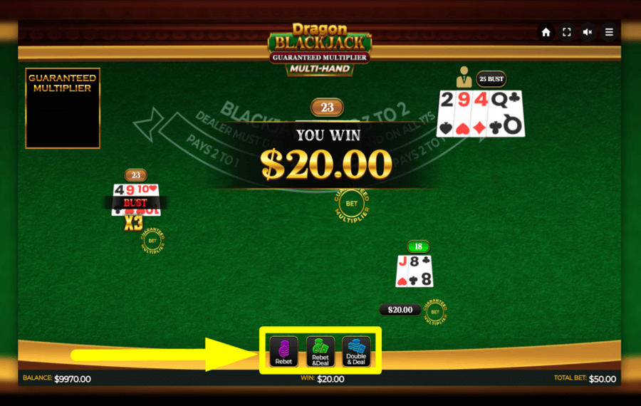 Dragon Blackjack Guaranteed Multiplier Multihand RECOMMENCER.