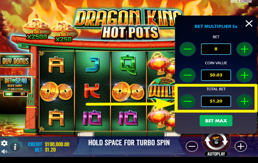 Dragon King Hot Pots CUSTOMIZE THE TOTAL BET AMOUNT.