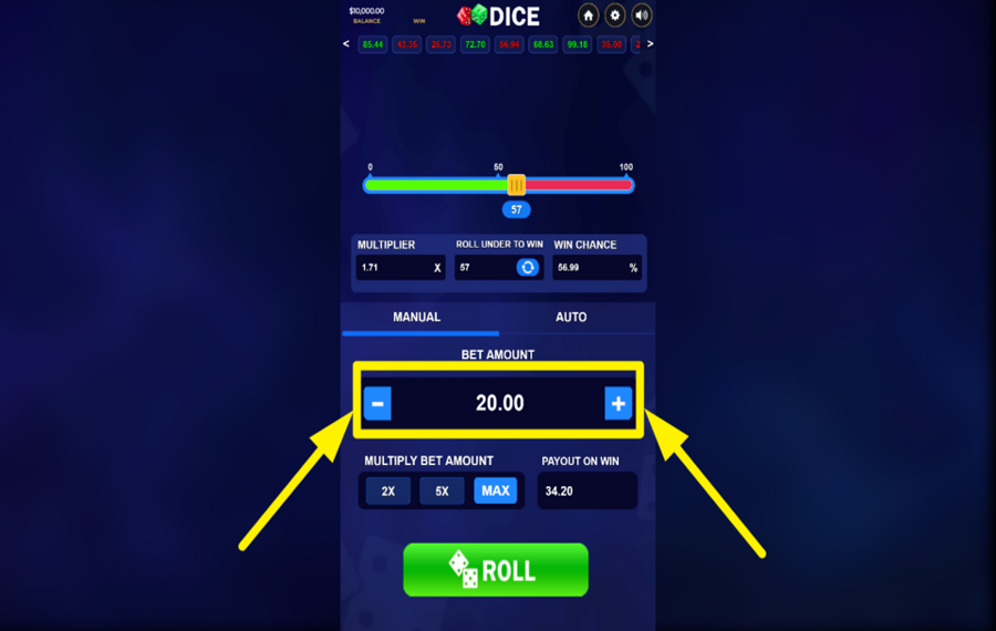 DragonGaming Dice SELECT YOUR BET AMOUNT.