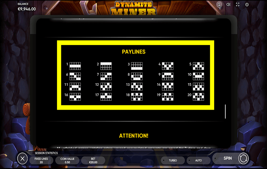 Dynamite Miner Wählen Sie die Gewinnlinien.