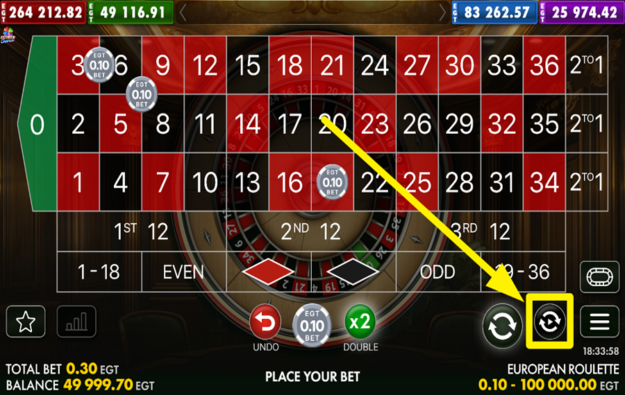 EGT Digital European Roulette RIPETERE LA SELEZIONE DELLA SCOMMESSA PRECEDENTE.