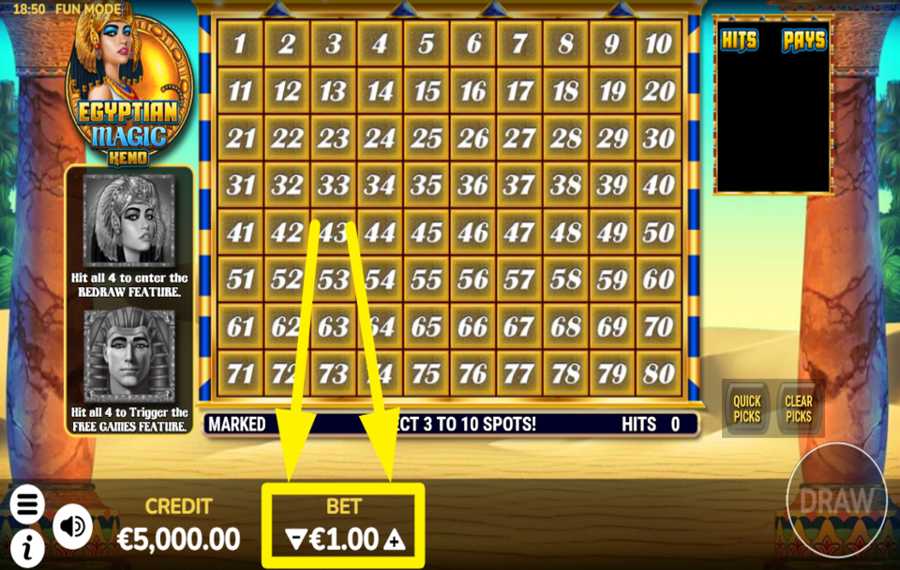 Egyptian Magic Keno DÉCIDEZ DE VOTRE ENJEU.