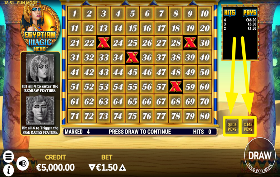 Egyptian Magic Keno SÉLECTIONNEZ DES NUMÉROS POUR LE TIRAGE.