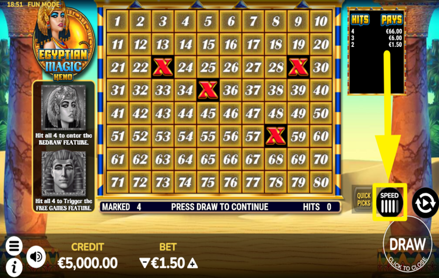 Egyptian Magic Keno RÉGLER LA VITESSE DE TIRAGE.