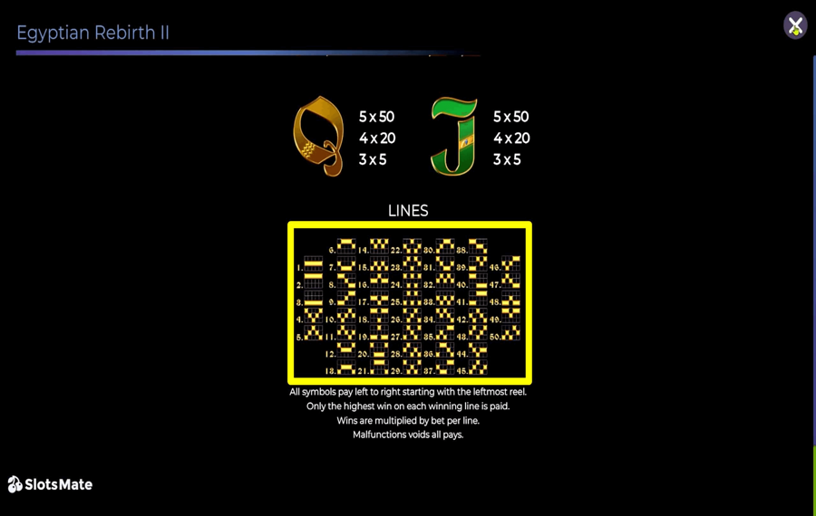 Egyptian Rebirth II Choisissez les lignes de paiement.