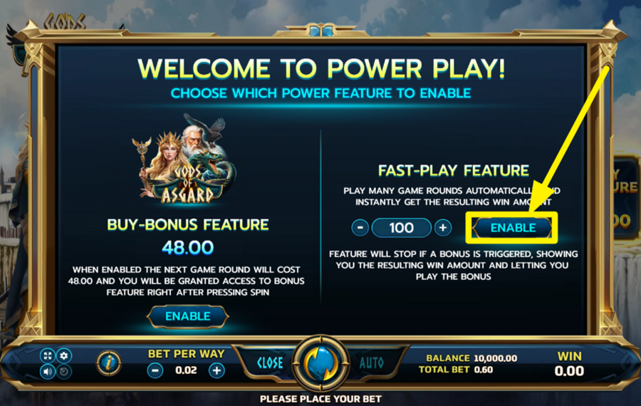 Eurasian Gaming Gods of Asgard ACTIVATE THE FAST PLAY FEATURE.