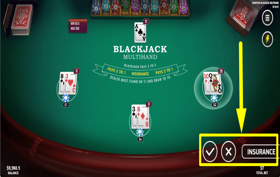 European Blackjack Multihand PRENEZ UNE ASSURANCE.