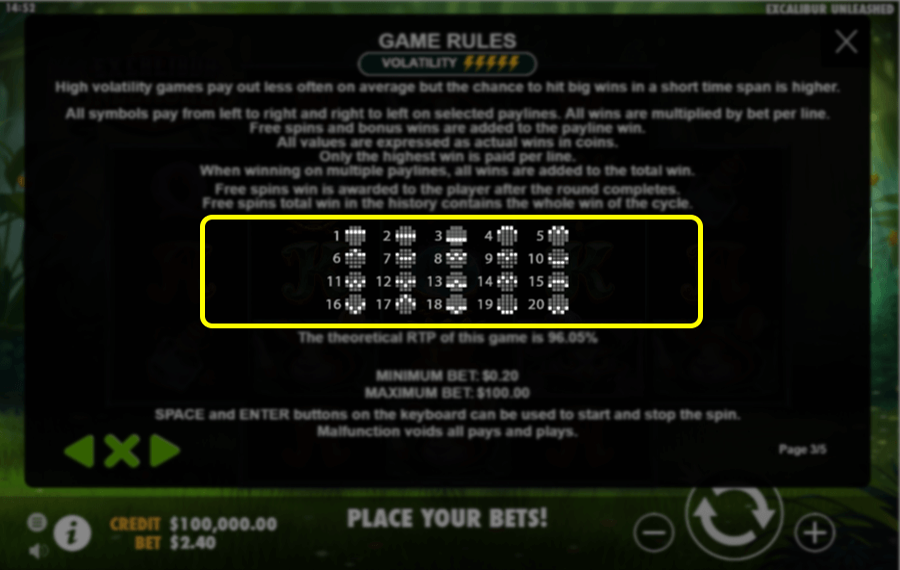 Excalibur Unleashed Change the number of active paylines