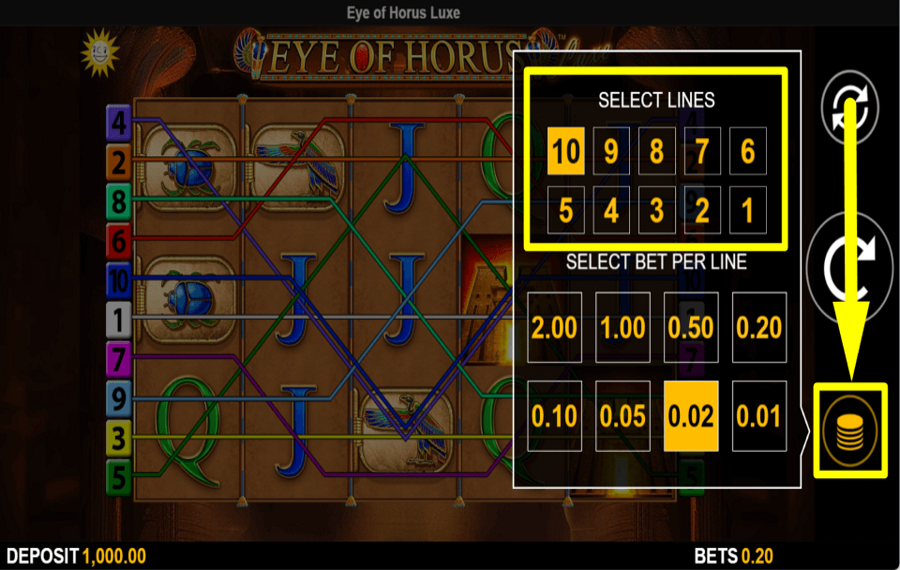 Eye of Horus Luxe PASSEN SIE DIE GEWINNLINIEN AN.