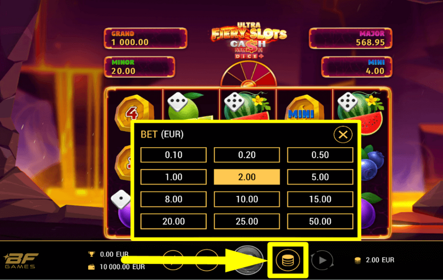 Fiery Slots Cash Mesh Ultra Dice DETERMINA LA TUA PUNTATA TOTALE.