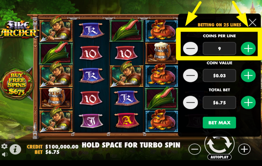 Fire Archer DETERMINE THE COINS PER LINE.