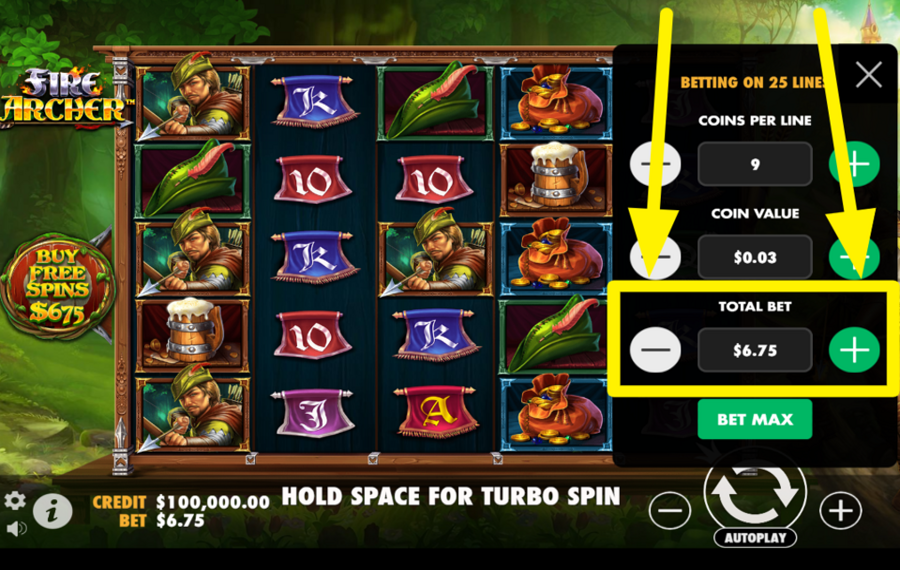 Fire Archer ADJUST THE TOTAL BET.