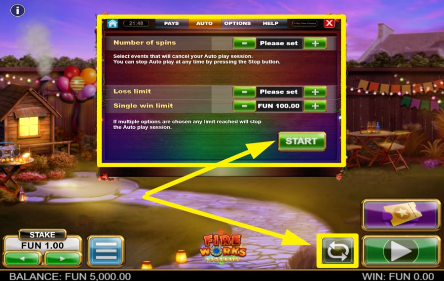 Fireworks Megaways UTILIZA LA FUNCIÓN DE REPRODUCCIÓN AUTOMÁTICA.