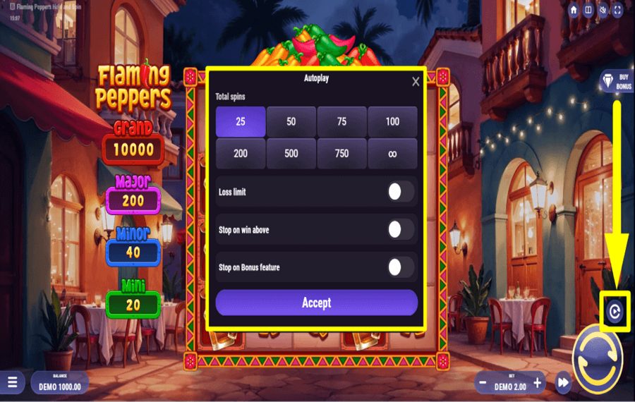 Flaming Peppers Hold and Spin РАССМОТРИТЕ ФУНКЦИЮ АВТОВОСПРОИЗВЕДЕНИЯ.