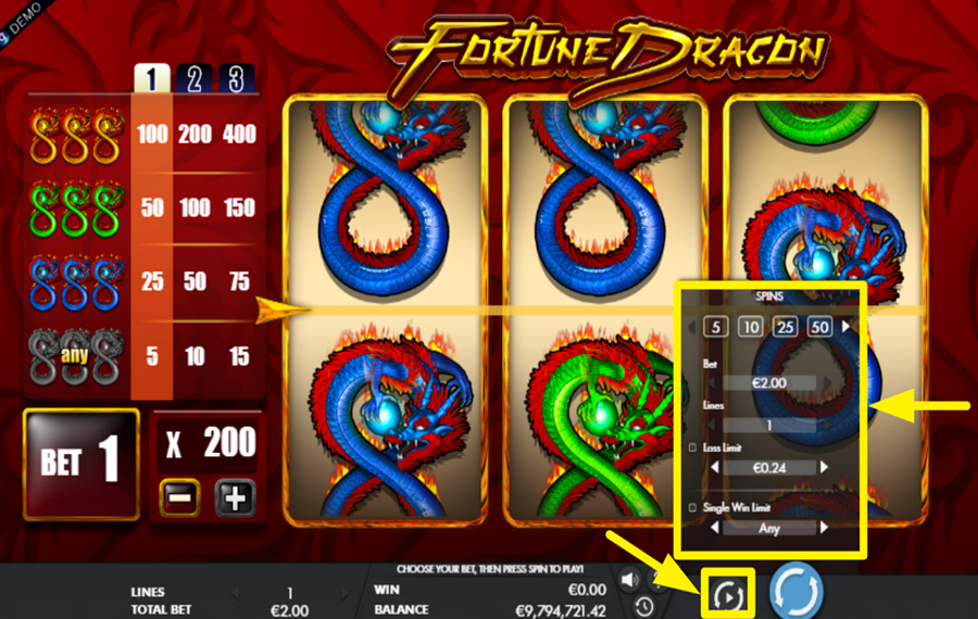 Fortune Dragon GIRA I RULLI AUTOMATICAMENTE.