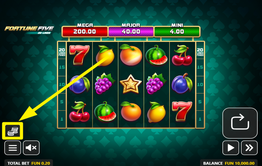 Fortune Five 20 Lines WÄHLEN SIE DEN GESAMTEN EINSATZ.