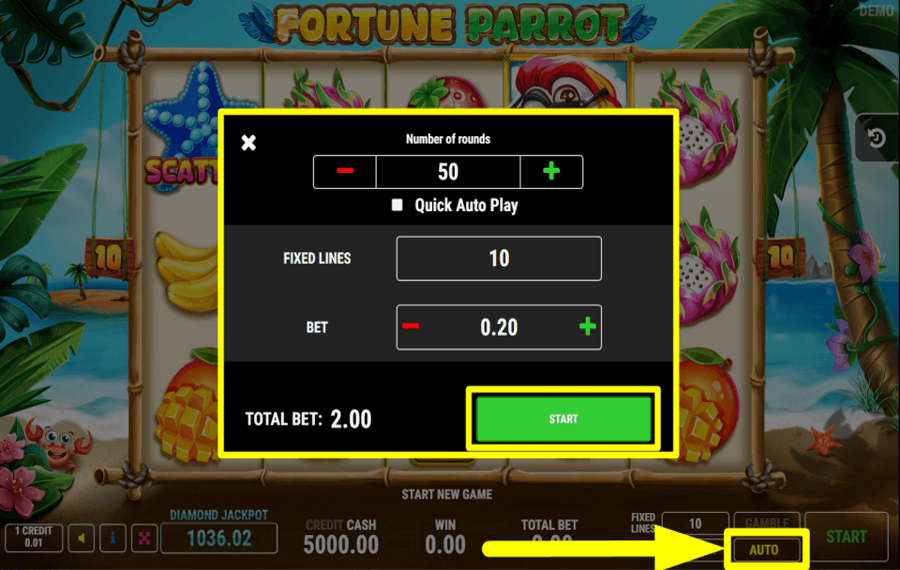 Fortune Parrot START AUTOMATIC SPINS.