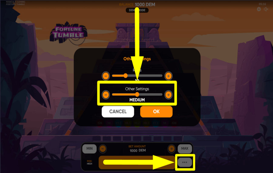 Fortune Tumble УСТАНОВИТЕ НАСТРОЙКИ ИГРЫ.