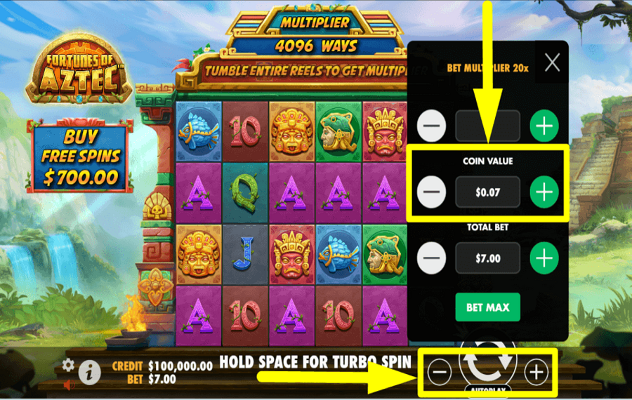 Fortunes Of Aztec ADJUST THE COIN VALUE.