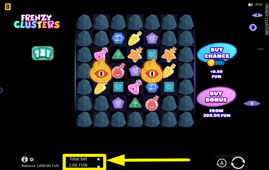 Frenzy Clusters SELECT A BET AMOUNT.
