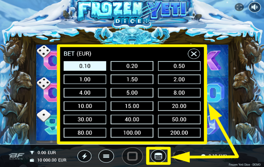 Frozen Yeti Dice DETERMINE YOUR BET.