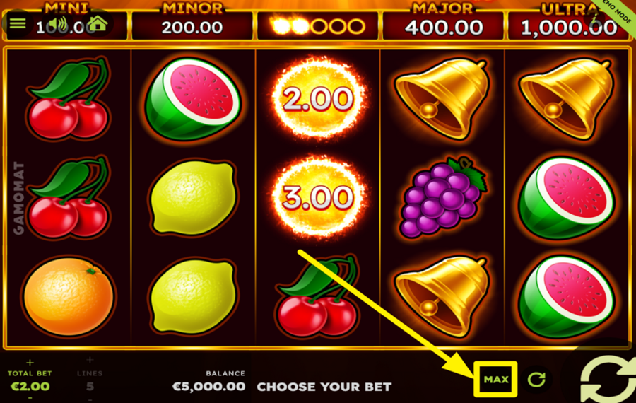 Fruit Mania Flaming Link ÉTABLIR LA LIMITE DE MISE MAXIMALE.