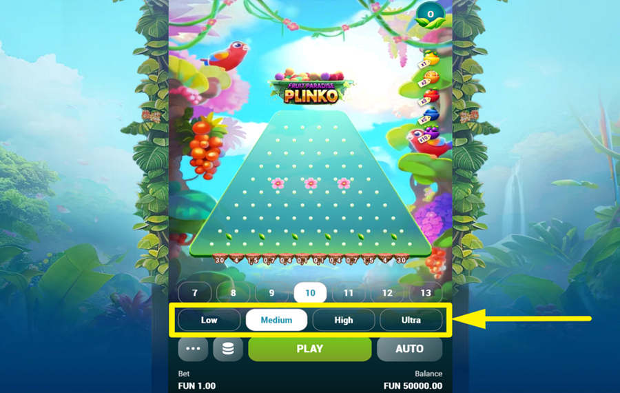 Fruit Paradise Plinko ELIGE UN NIVEL DE DIFICULTAD.