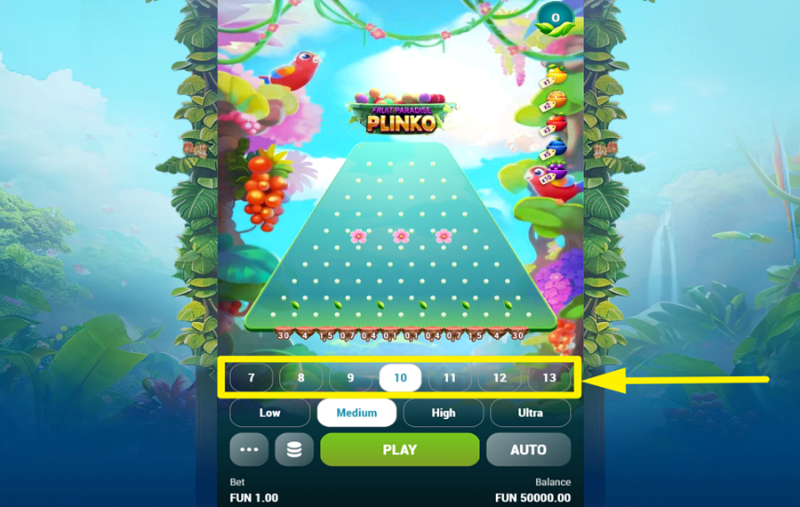 Fruit Paradise Plinko AJUSTAR EL NÚMERO DE FILAS.