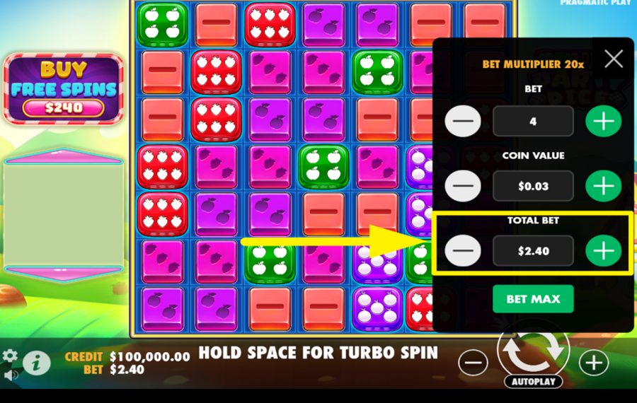 Fruit Party Dice PERSONALIZZA L'IMPORTO TOTALE DELLA SCOMMESSA.