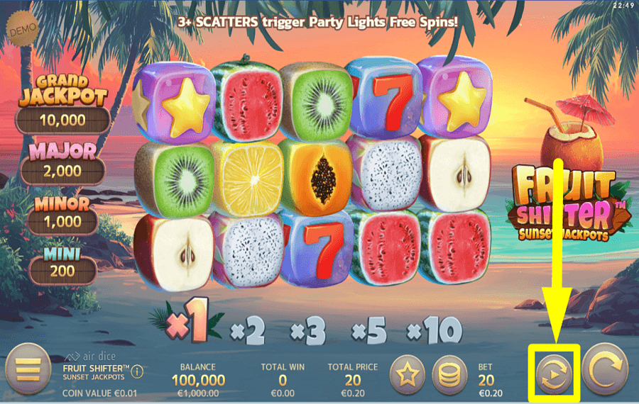 Fruit Shifter Sunset Jackpots ВКЛЮЧИТЬ АВТОВОСПРОИЗВЕДЕНИЕ.