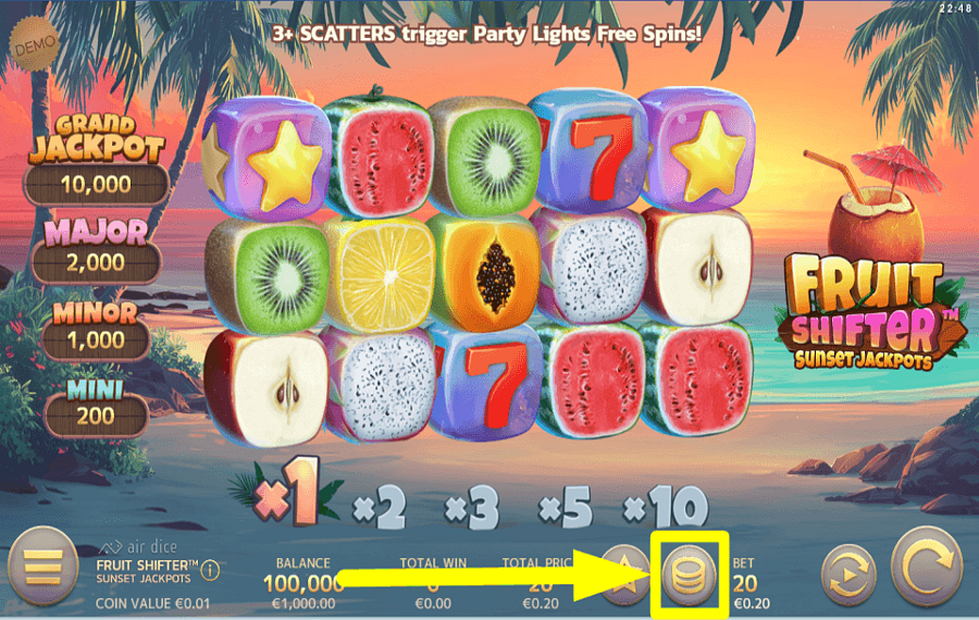 Fruit Shifter Sunset Jackpots СКОРРЕКТИРУЙТЕ СВОЮ СТАВКУ.