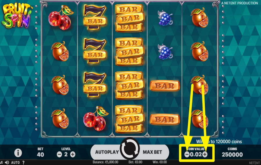 Fruit Spin MODIFICAR EL VALOR DE LA MONEDA.