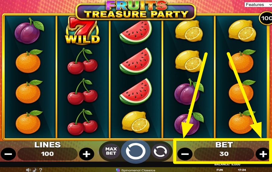 Fruits Treasure Party ESTABLECE EL IMPORTE TOTAL DE LA APUESTA.
