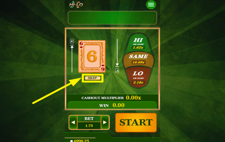 Game Time Tec HI LO SALTE LA TARJETA ACTUAL.