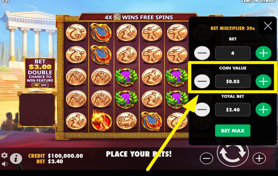 Games in Olympus AJUSTEZ LA VALEUR DE LA PIÈCE.