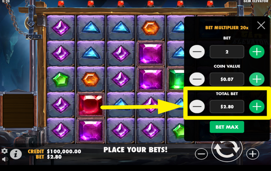 Gem Elevator SET YOUR TOTAL BET.