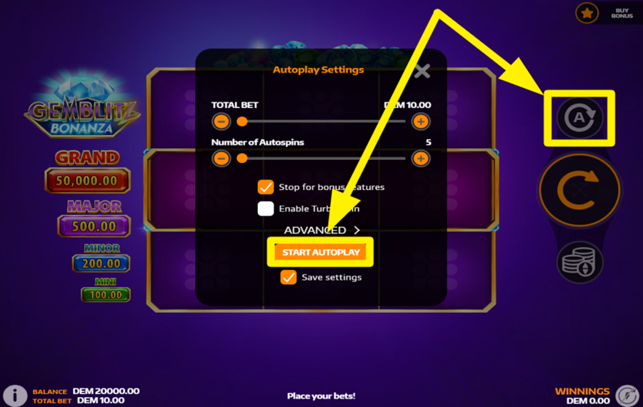 GemBlitz Bonanza ВКЛЮЧИТЕ АВТОМАТИЧЕСКИЙ ВОСПРОИЗВЕДЕНИЕ.