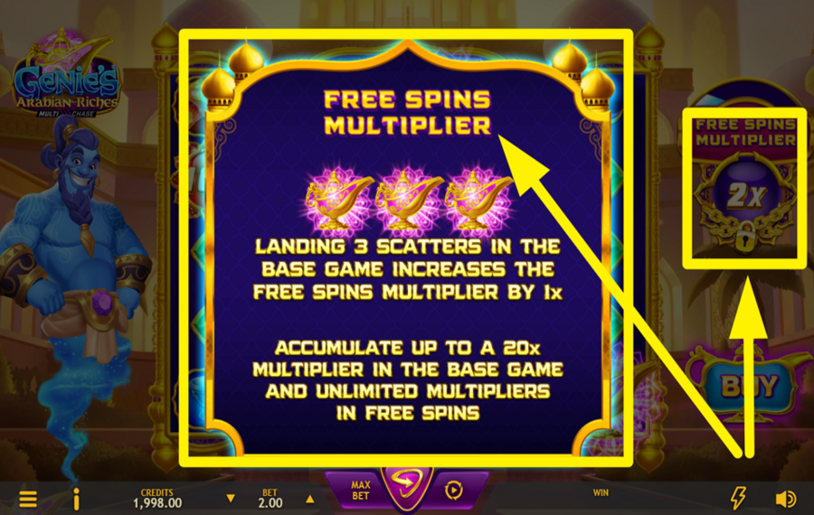 Genies Arabian Riches ACCUMULEZ DES MULTIPLICATEURS DANS LE JEU DE BASE.