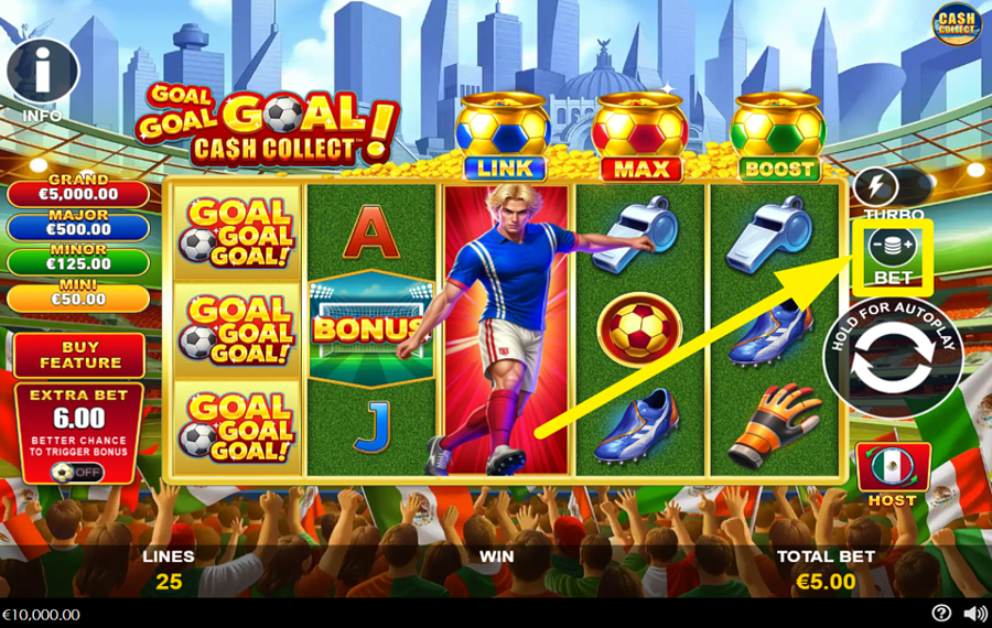 Goal Goal Goal Cash Collect ADJUST THE BET AMOUNT.