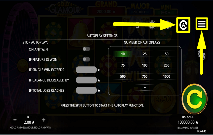 Gold and Glamour Hold and Win AVVIA RIPRODUZIONE AUTOMATICA.