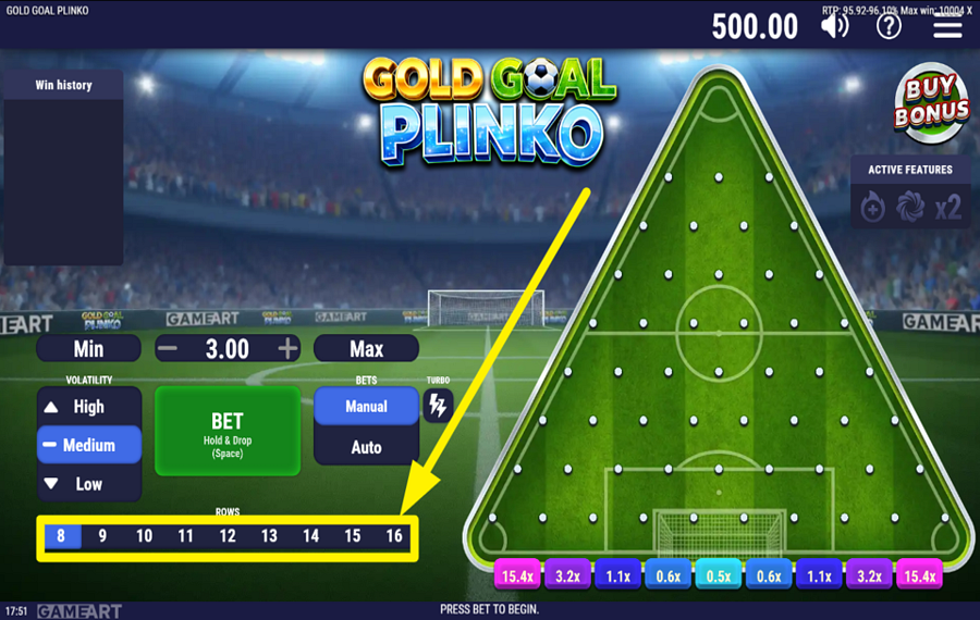 Gold Goal Plinko ВЫБЕРИТЕ КОЛИЧЕСТВО СТРОК.