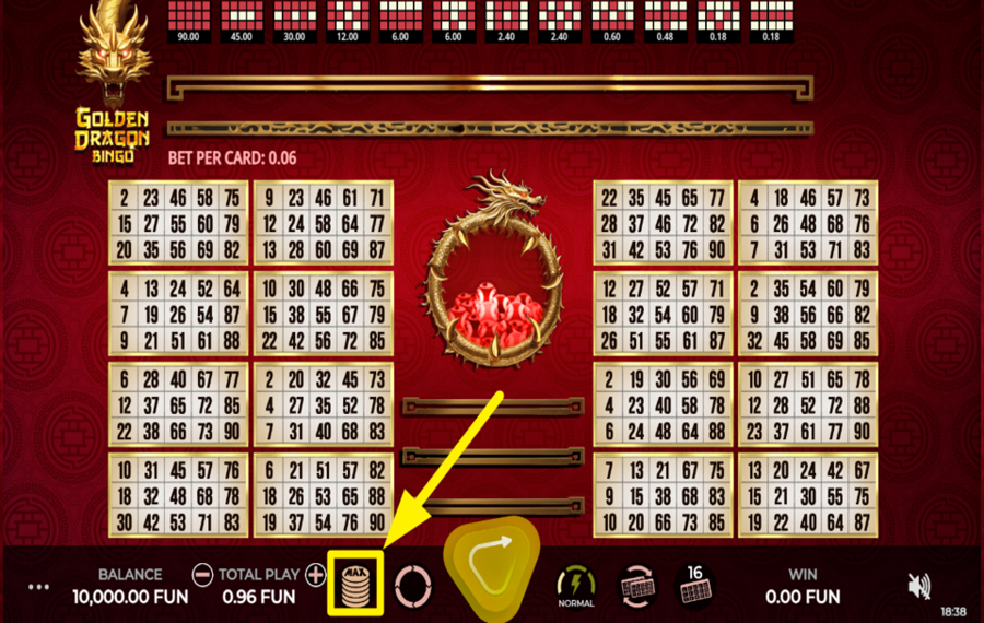 Golden Dragon Bingo DÉFINISSEZ LA MISE MAXIMALE.