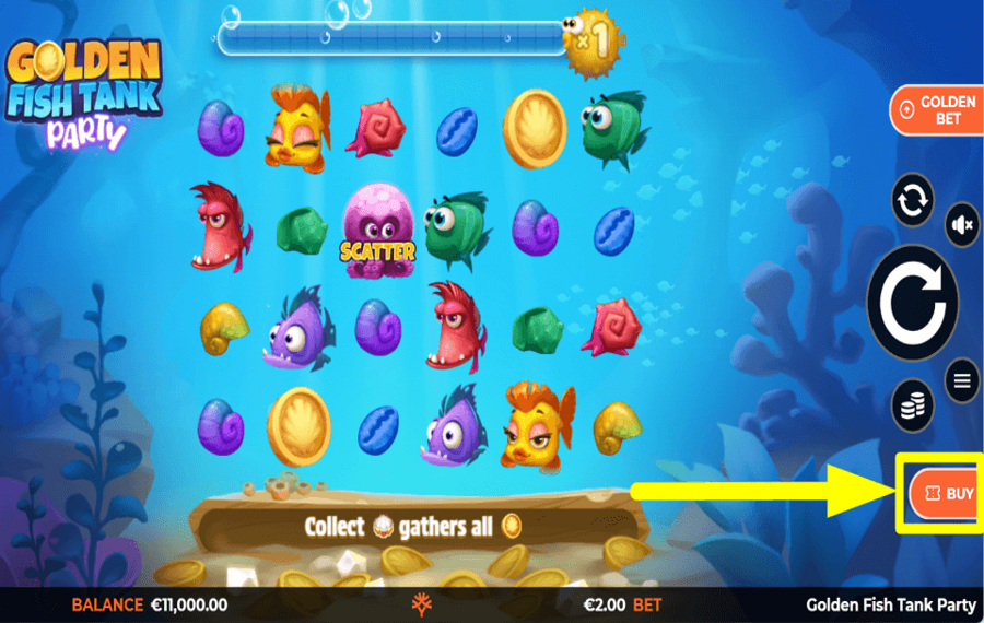 Golden Fish Tank Party COMPRA DE FUNCIONES DE BONIFICACIÓN.