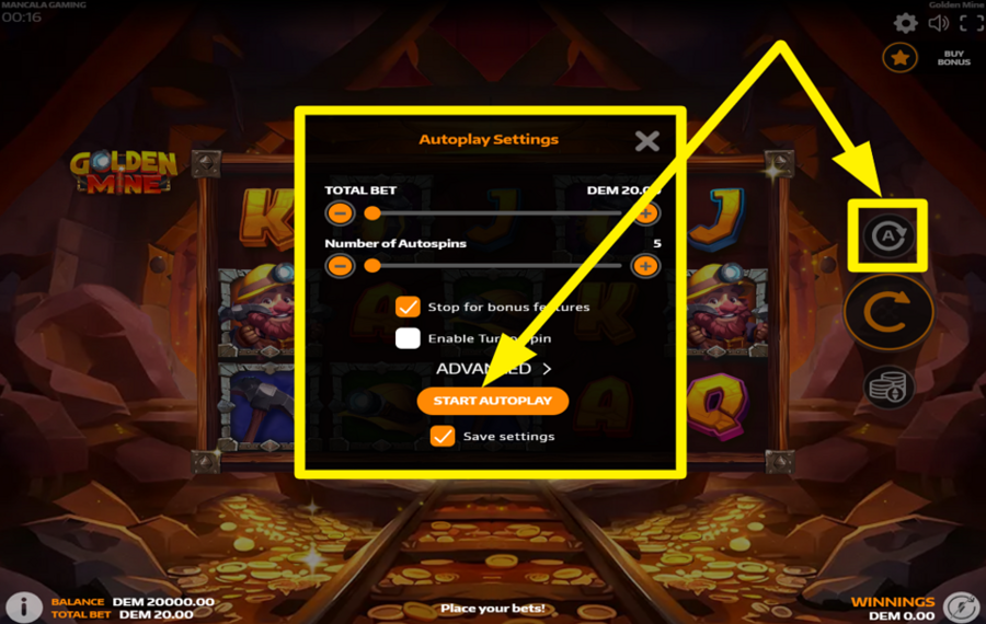 Golden Mine ВЫБИРАЙТЕ АВТОМАТИЧЕСКИЕ ВРАЩЕНИЯ.