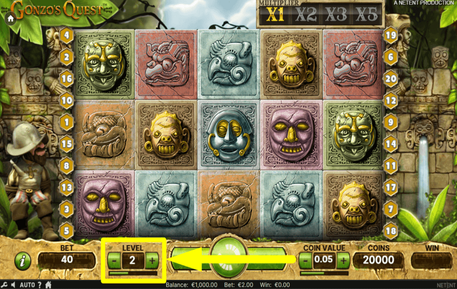 Gonzos Quest DÉFINIR LE NIVEAU DE PARI.