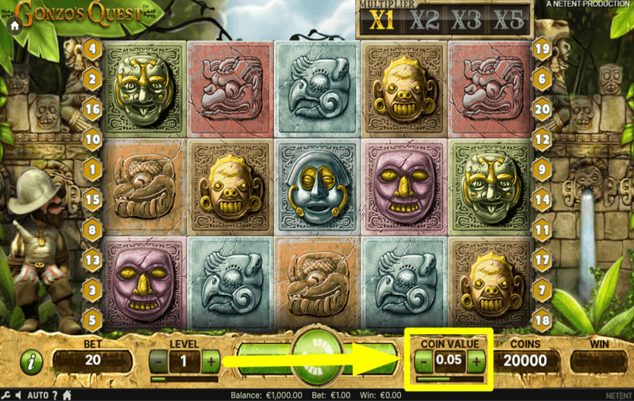 Gonzos Quest SÉLECTIONNEZ LA VALEUR DE LA PIÈCE.