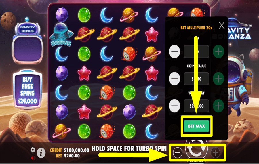 Gravity Bonanza CONFIRM THE MAXIMUM BET.